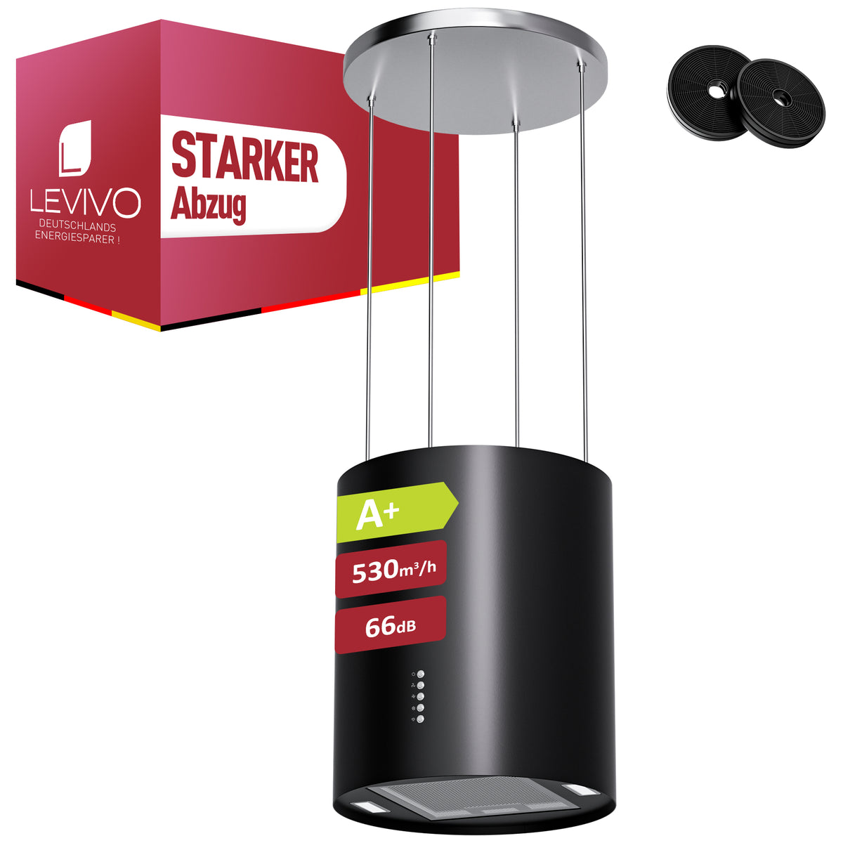 A+ Island hood, recirculating, ceiling-mounted with 530 m³/h extraction rate, island extractor hood with 2 activated carbon filters, 1 grease filter, 3 speeds & booster, 2 LEDs, extractor hood, silver & black