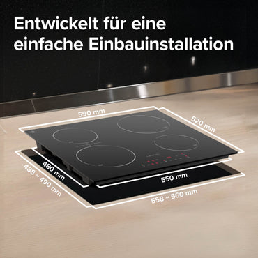 Einbau Induktionskochfeld 60 cm mit 4 Platten, 9 Stufen & Booster, Touch-Control, Timer und Bridge Funktion I Kochfeld Induktion, Kochfelder, Induktionsherd Autark, Induction Hob 7200W