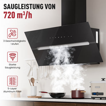 A+++ Kopffreie Dunstabzugshaube 90 cm Umluft & Abluft mit 720 m³/h Luftleistung, Abzugshaube mit 2 Aktivkohlefiltern, 1 Fettfilter, 3 Stufen & Booster, 2 LEDs & RGB, Dunstabzug Wandhauben, Schwarz