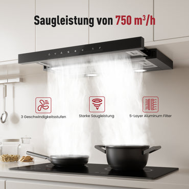 A+++ Flachschirmhaube 60cm Umluft & Abluft mit 750 m³/h , Einbau Dunstabzugshaube mit 2 Aktivkohlefiltern, 2 Fettfiltern, 3 Stufen & Booster, 2 LEDs, Dunstabzugshaube 60cm Unterbau, Schwarz