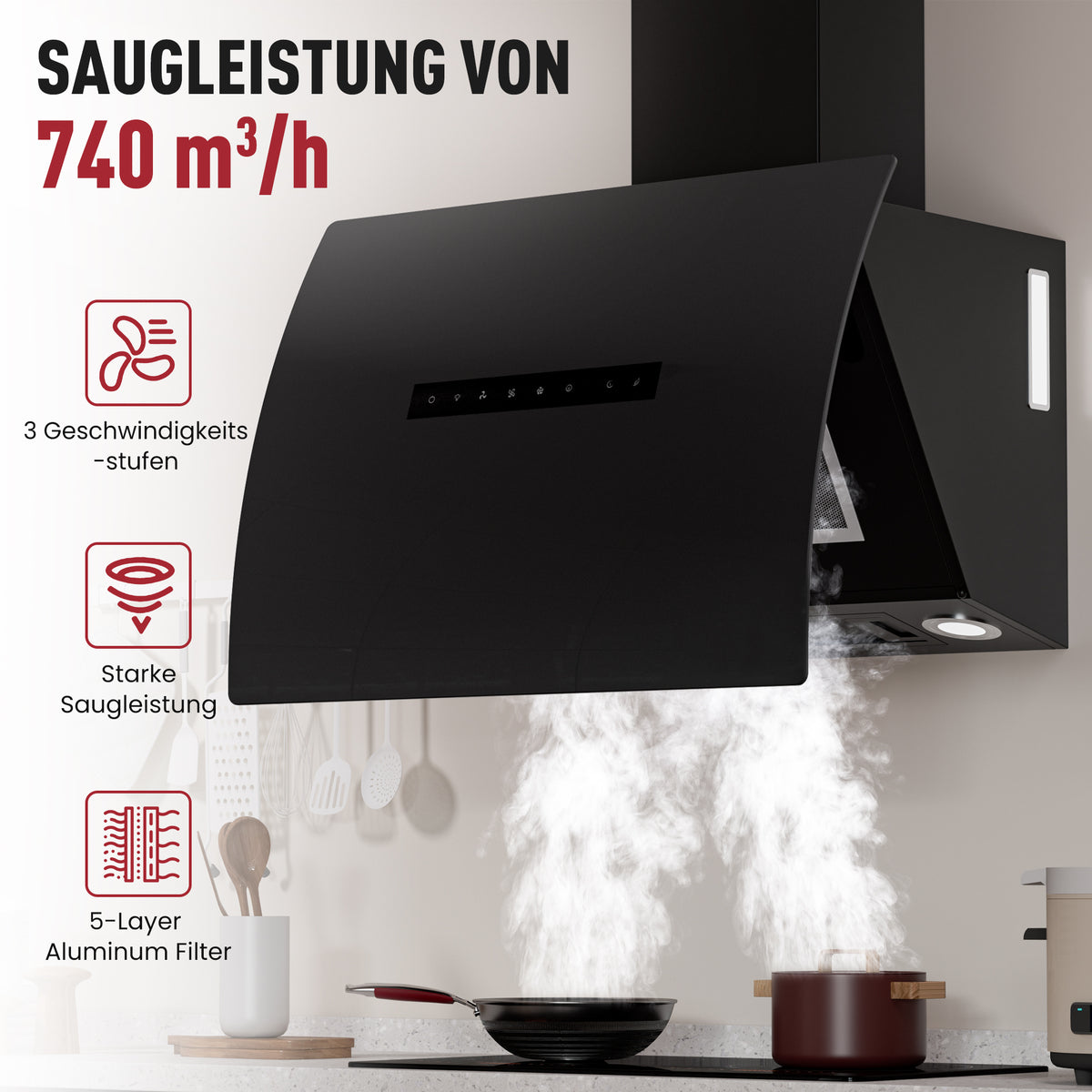 Hotte aspirante inclinée A+++ 60 cm, mode évacuation et recyclage, débit d'air 740 m³/h, avec 2 filtres à charbon actif, 1 filtre à graisse, 3 niveaux et booster, 2 LED & RGB, hotte murale, noir
