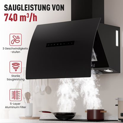 Hotte aspirante inclinée A+++ 60 cm, mode évacuation et recyclage, débit d'air 740 m³/h, avec 2 filtres à charbon actif, 1 filtre à graisse, 3 niveaux et booster, 2 LED & RGB, hotte murale, noir