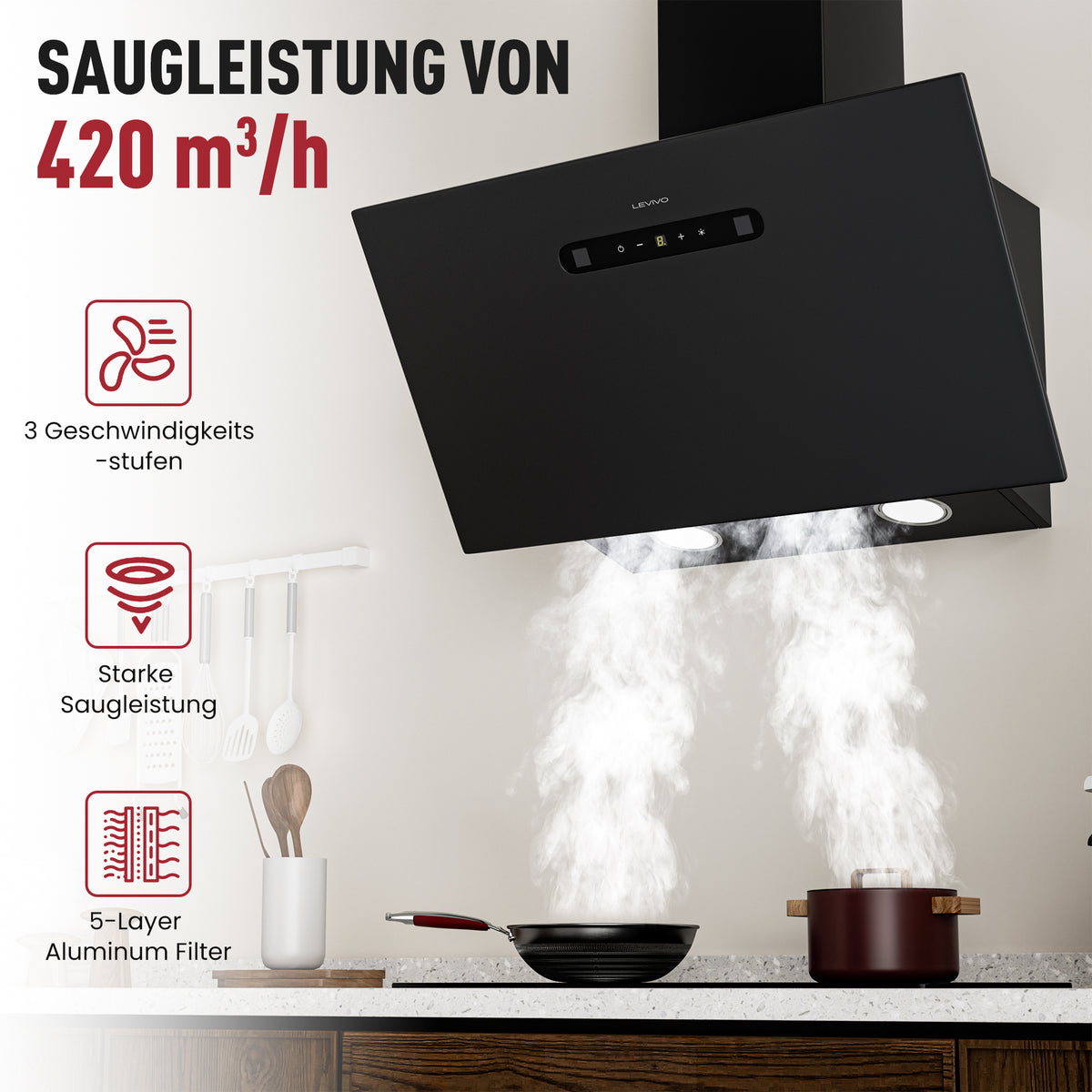 Hotte aspirante inclinée A+++ 60 cm, évacuation et recyclage, débit d'air 420 m³/h, 3 vitesses & booster, 2 LED, hotte avec 2 filtres à charbon actif, 1 filtre à graisse, hotte murale, noir & argent