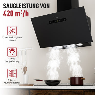 A+++ Kopffreie Dunstabzugshaube 60cm Umluft & Abluft mit 420 m³/h Luftleistung, 3 Stufen & Booster, 2 LEDs, Abzugshaube mit 2 Aktivkohlefiltern, 1 Fettfilter, Dunstabzug Wandhauben, Schwarz & Silber