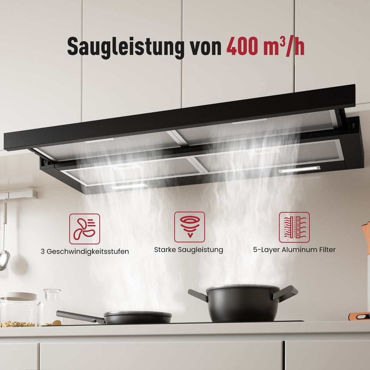 Hotte tiroir A+++ 90 cm en mode évacuation & recyclage avec 400 m³/h, hotte aspirante encastrable avec 2 filtres à charbon actif, 4 filtres à graisse, 2 vitesses, 2 LED, hotte aspirante 60 cm sous meuble, noire