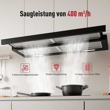 A+++ Flachschirmhaube 90 cm Umluft & Abluft mit 400 m³/h , Einbau Dunstabzugshaube mit 2 Aktivkohlefiltern, 4 Fettfiltern, 2 Stufen, 2 LEDs, Dunstabzugshaube 60cm Unterbau, Schwarz
