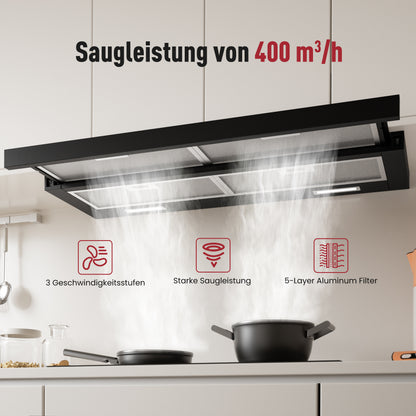 Hotte tiroir A+++ 90 cm en mode évacuation & recyclage avec 400 m³/h, hotte aspirante encastrable avec 2 filtres à charbon actif, 4 filtres à graisse, 2 vitesses, 2 LED, hotte aspirante 60 cm sous meuble, noire