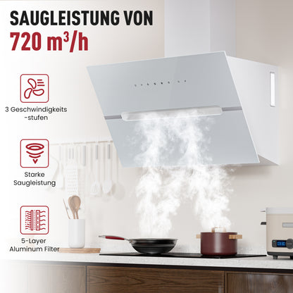 Hotte aspirante inclinée A+++ 60 cm recyclage & évacuation avec débit d'air de 720 m³/h, hotte avec 2 filtres à charbon actif, 1 filtre à graisse, 3 vitesses & booster, 2 LED & RVB, hotte murale, noir & blanc