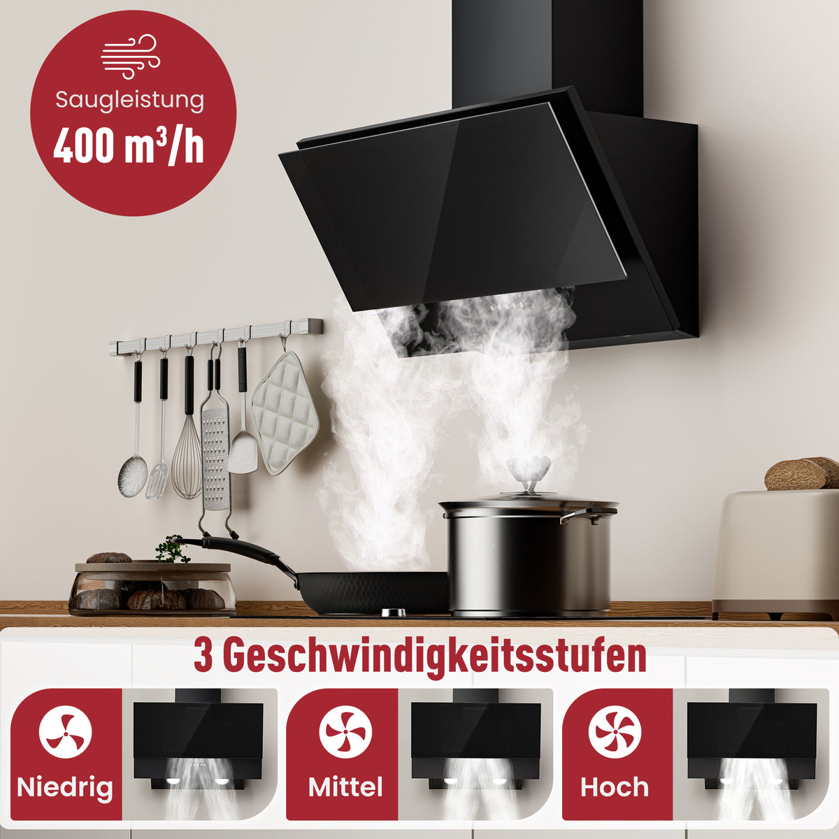 A+++ Angled cooker hood 60cm recirculation & extraction with 400 m³/h air extraction rate, extractor hood with 2 activated carbon filters, 1 grease filter, 3 speeds, 2 LEDs, wall-mounted cooker hoods, black & black-silver