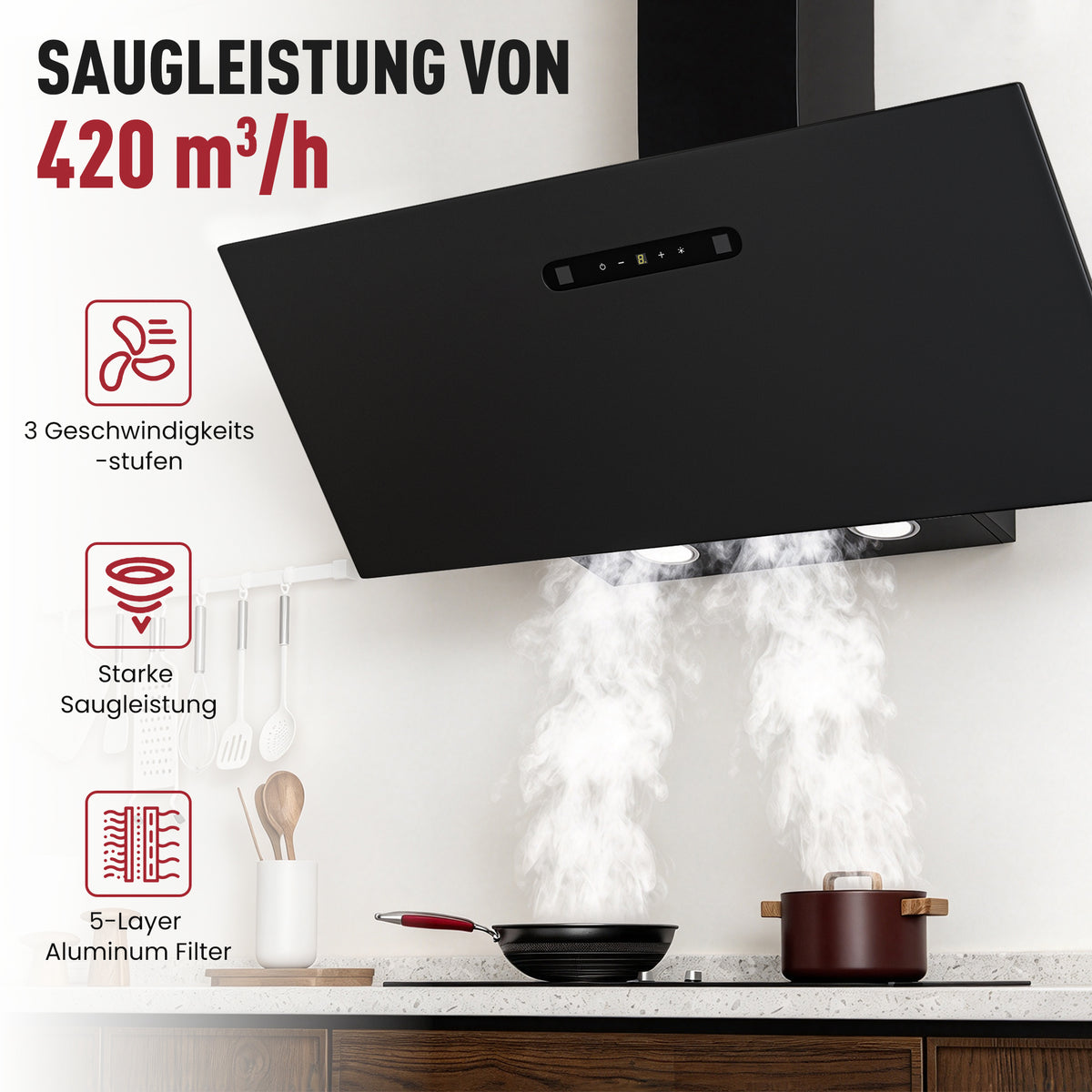 Hotte aspirante inclinée A+++ 60 cm, évacuation et recyclage, débit d'air 420 m³/h, 3 vitesses & booster, 2 LED, hotte avec 2 filtres à charbon actif, 1 filtre à graisse, hotte murale, noir & argent