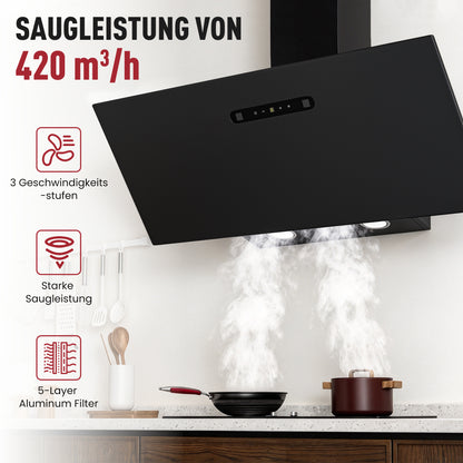 Hotte aspirante inclinée A+++ 60 cm, évacuation et recyclage, débit d'air 420 m³/h, 3 vitesses & booster, 2 LED, hotte avec 2 filtres à charbon actif, 1 filtre à graisse, hotte murale, noir & argent