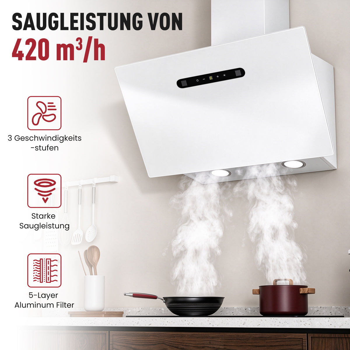 Hotte aspirante inclinée A+++ 60 cm, évacuation et recyclage, débit d'air 420 m³/h, 3 vitesses & booster, 2 LED, hotte avec 2 filtres à charbon actif, 1 filtre à graisse, hotte murale, noir & argent