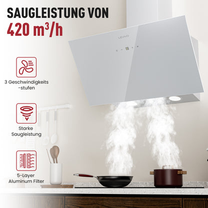 A+++ Angled cooker hood 60cm recirculation & extraction with 420 m³/h air extraction rate, extractor hood with 2 activated carbon filters, 1 grease filter, 3 speeds & booster, 2 LEDs, wall-mounted cooker hoods, black & white