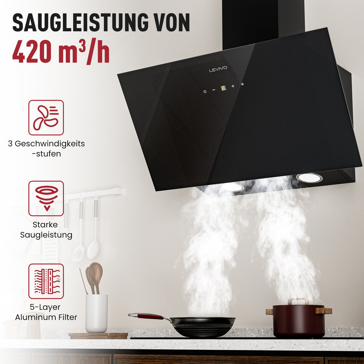 A+++ Angled cooker hood 60cm recirculation & extraction with 420 m³/h air extraction rate, extractor hood with 2 activated carbon filters, 1 grease filter, 3 speeds & booster, 2 LEDs, wall-mounted cooker hoods, black & white