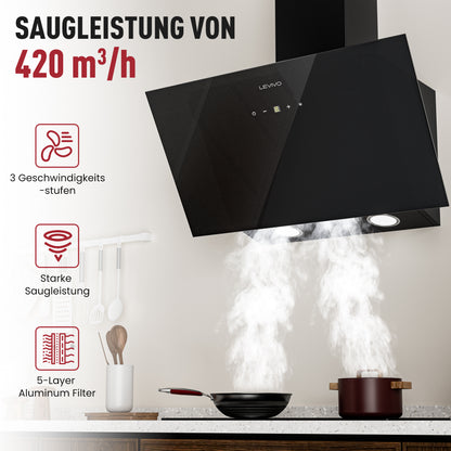 A+++ Angled cooker hood 60cm recirculation & extraction with 420 m³/h air extraction rate, extractor hood with 2 activated carbon filters, 1 grease filter, 3 speeds & booster, 2 LEDs, wall-mounted cooker hoods, black & white