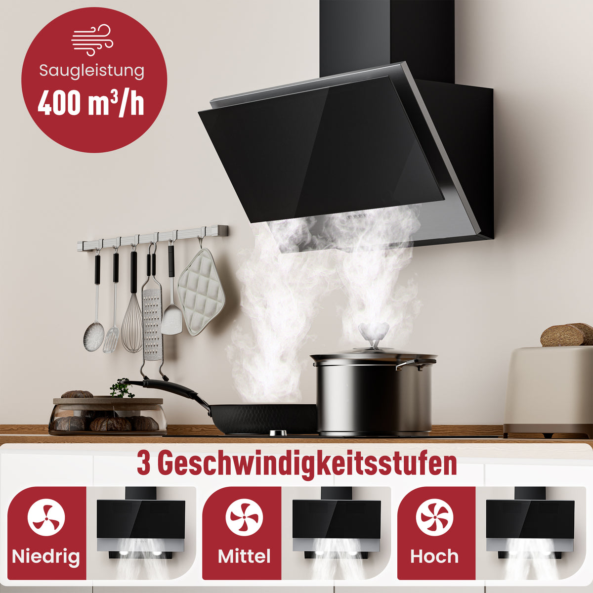 A+++ Angled cooker hood 60cm recirculation & extraction with 400 m³/h air extraction rate, extractor hood with 2 activated carbon filters, 1 grease filter, 3 speeds, 2 LEDs, wall-mounted cooker hoods, black & black-silver