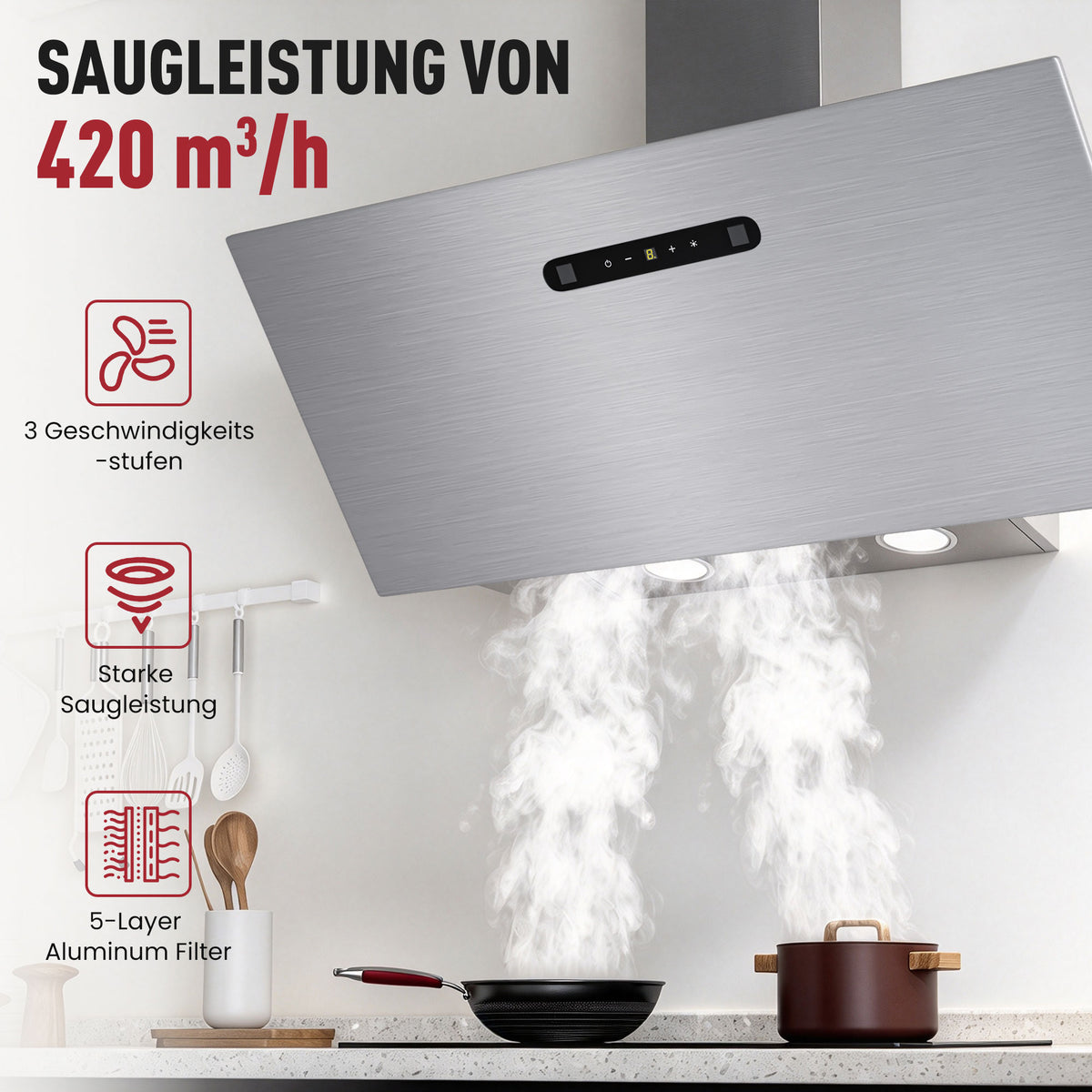 Hotte aspirante inclinée A+++ 60 cm, évacuation et recyclage, débit d'air 420 m³/h, 3 vitesses & booster, 2 LED, hotte avec 2 filtres à charbon actif, 1 filtre à graisse, hotte murale, noir & argent