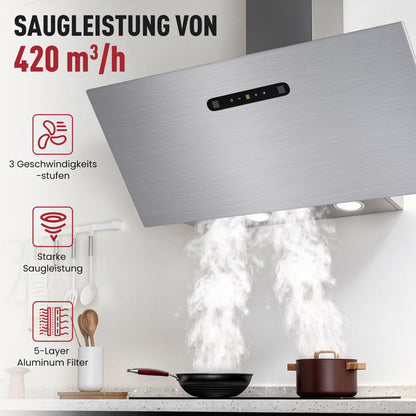 Hotte aspirante inclinée A+++ 60 cm, évacuation et recyclage, débit d'air 420 m³/h, 3 vitesses & booster, 2 LED, hotte avec 2 filtres à charbon actif, 1 filtre à graisse, hotte murale, noir & argent
