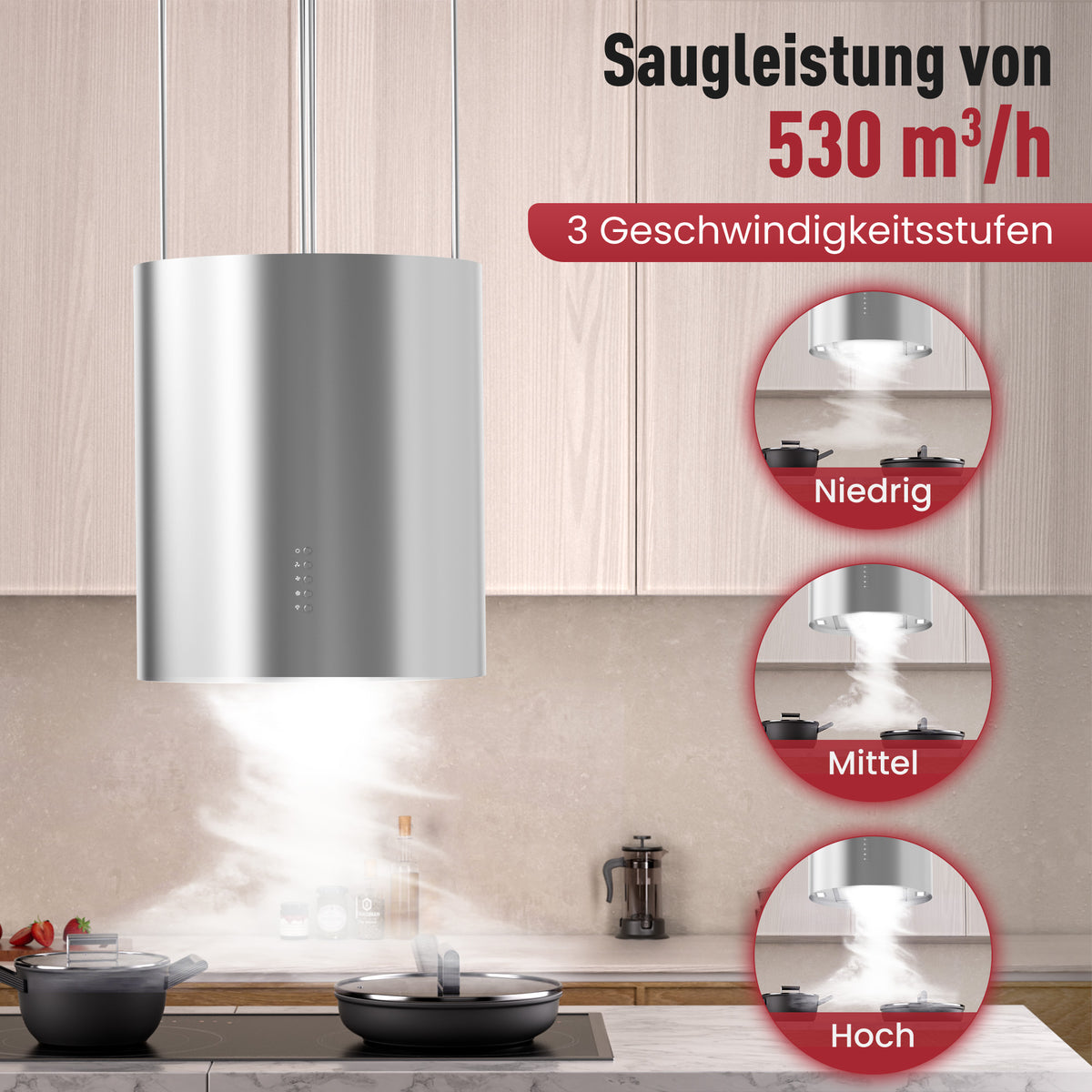 A+ Island hood, recirculating, ceiling-mounted with 530 m³/h extraction rate, island extractor hood with 2 activated carbon filters, 1 grease filter, 3 speeds & booster, 2 LEDs, extractor hood, silver & black