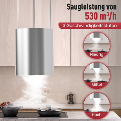 A+ Island hood, recirculating, ceiling-mounted with 530 m³/h extraction rate, island extractor hood with 2 activated carbon filters, 1 grease filter, 3 speeds & booster, 2 LEDs, extractor hood, silver & black