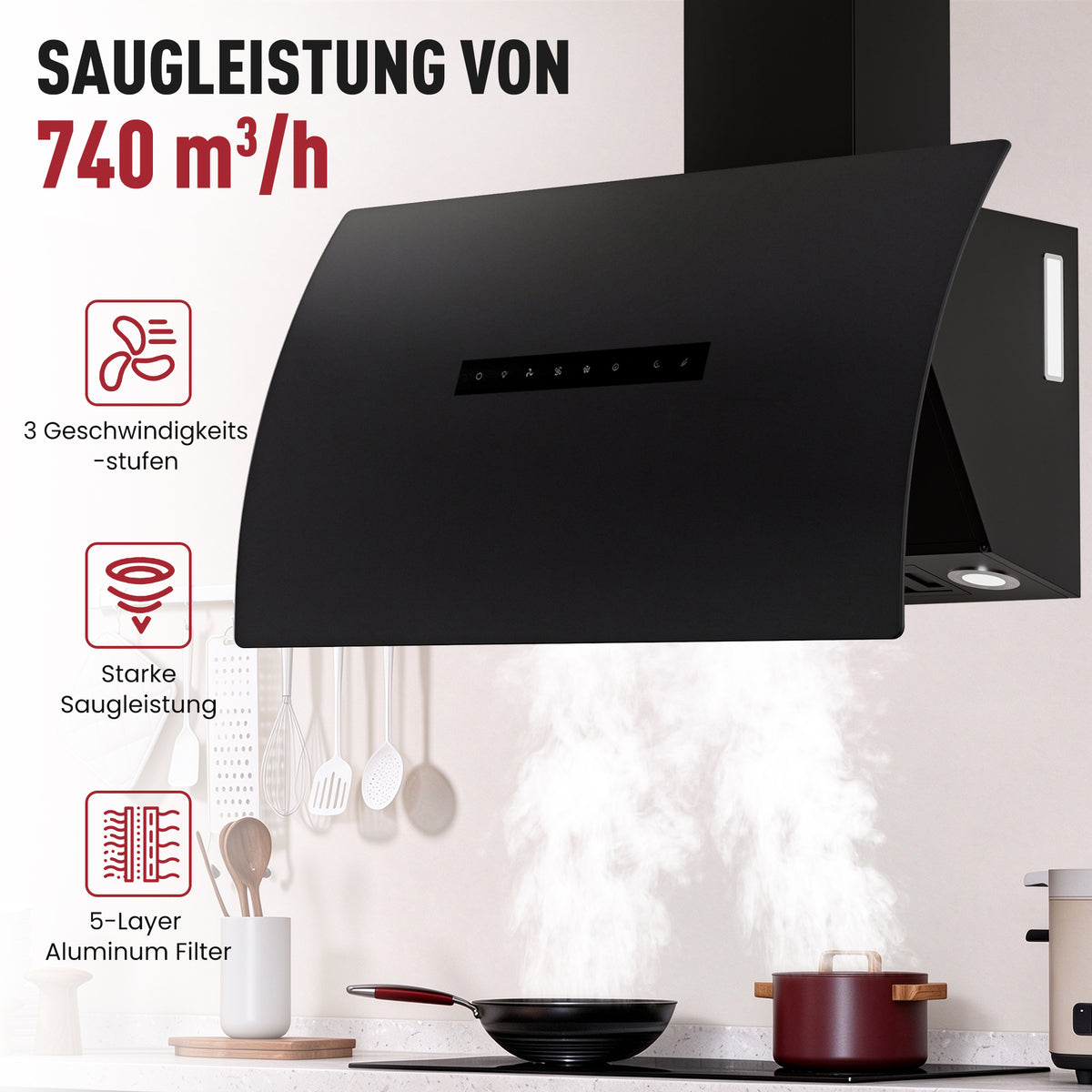 Hotte aspirante inclinée A+++ 60 cm, mode évacuation et recyclage, débit d'air 740 m³/h, avec 2 filtres à charbon actif, 1 filtre à graisse, 3 niveaux et booster, 2 LED & RGB, hotte murale, noir