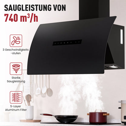Hotte aspirante inclinée A+++ 60 cm, mode évacuation et recyclage, débit d'air 740 m³/h, avec 2 filtres à charbon actif, 1 filtre à graisse, 3 niveaux et booster, 2 LED & RGB, hotte murale, noir
