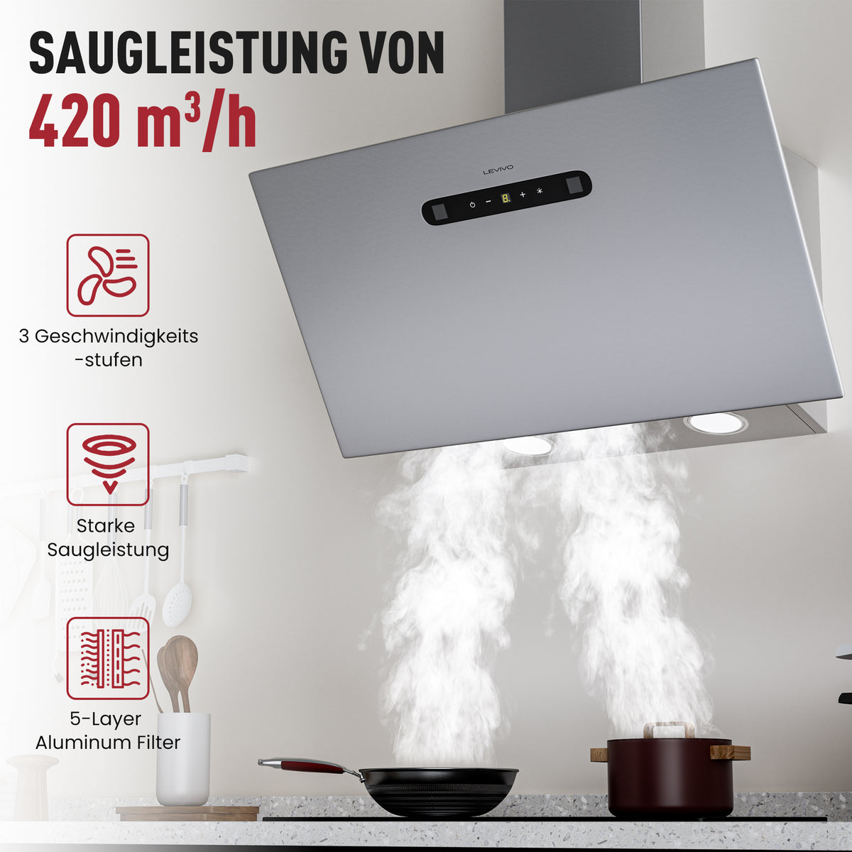 Hotte aspirante inclinée A+++ 60 cm, évacuation et recyclage, débit d'air 420 m³/h, 3 vitesses & booster, 2 LED, hotte avec 2 filtres à charbon actif, 1 filtre à graisse, hotte murale, noir & argent