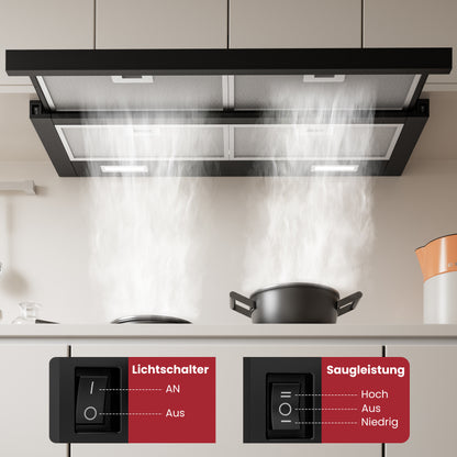 Hotte tiroir A+++ 90 cm en mode évacuation & recyclage avec 400 m³/h, hotte aspirante encastrable avec 2 filtres à charbon actif, 4 filtres à graisse, 2 vitesses, 2 LED, hotte aspirante 60 cm sous meuble, noire