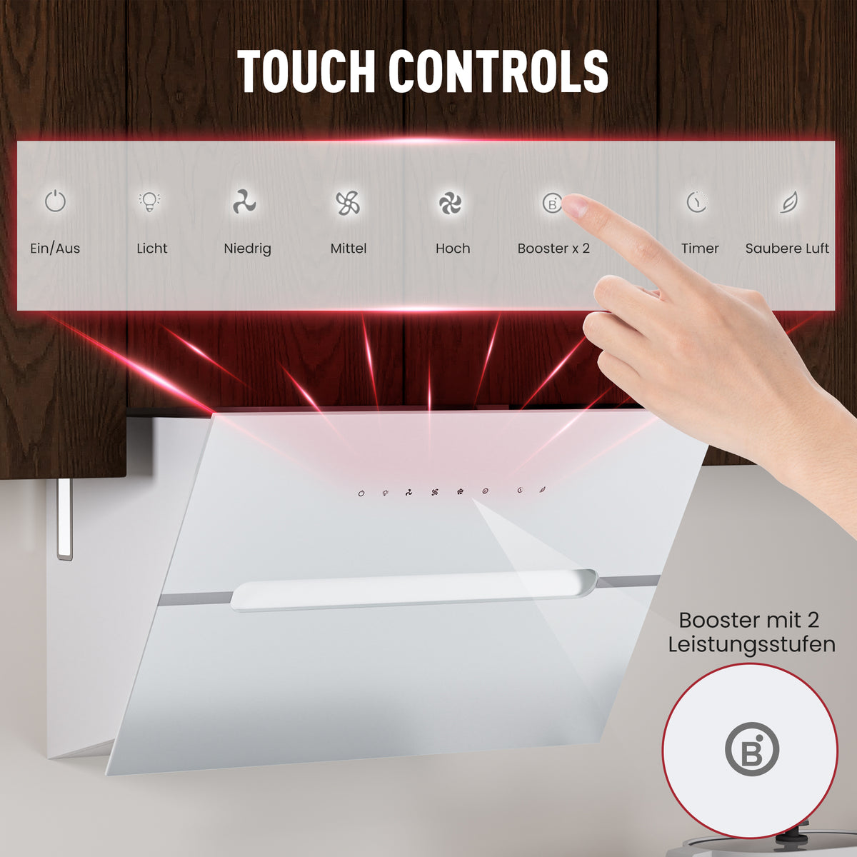 Hotte aspirante inclinée A+++ 60 cm recyclage & évacuation avec débit d'air de 720 m³/h, hotte avec 2 filtres à charbon actif, 1 filtre à graisse, 3 vitesses & booster, 2 LED & RVB, hotte murale, noir & blanc