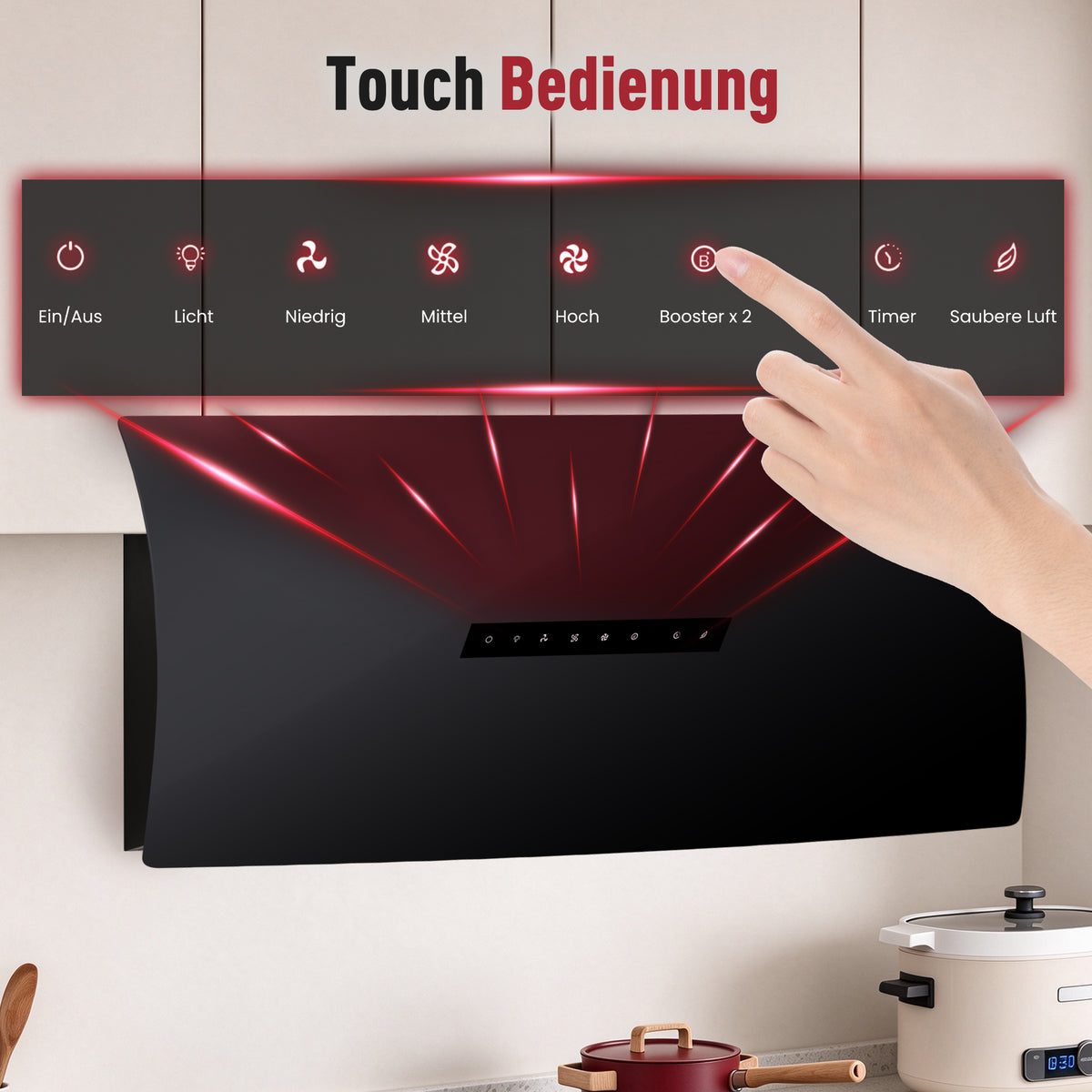 Hotte aspirante inclinée A+++ 60 cm, mode évacuation et recyclage, débit d'air 740 m³/h, avec 2 filtres à charbon actif, 1 filtre à graisse, 3 niveaux et booster, 2 LED & RGB, hotte murale, noir