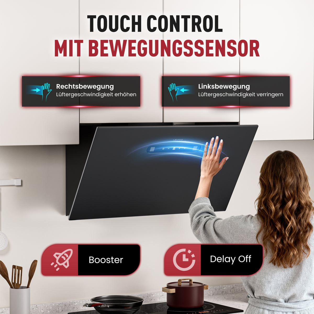 Hotte aspirante inclinée A+++ 60 cm, évacuation et recyclage, débit d'air 420 m³/h, 3 vitesses & booster, 2 LED, hotte avec 2 filtres à charbon actif, 1 filtre à graisse, hotte murale, noir & argent