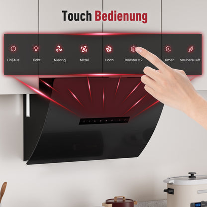 Hotte aspirante inclinée A+++ 60 cm, mode évacuation et recyclage, débit d'air 740 m³/h, avec 2 filtres à charbon actif, 1 filtre à graisse, 3 niveaux et booster, 2 LED & RGB, hotte murale, noir