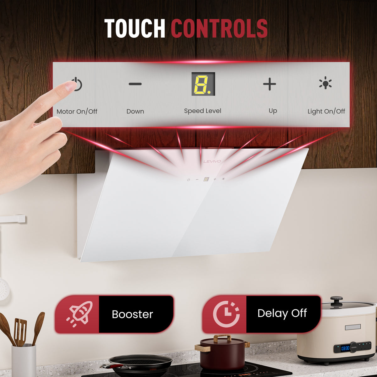 A+++ Angled cooker hood 60cm recirculation & extraction with 420 m³/h air extraction rate, extractor hood with 2 activated carbon filters, 1 grease filter, 3 speeds & booster, 2 LEDs, wall-mounted cooker hoods, black & white