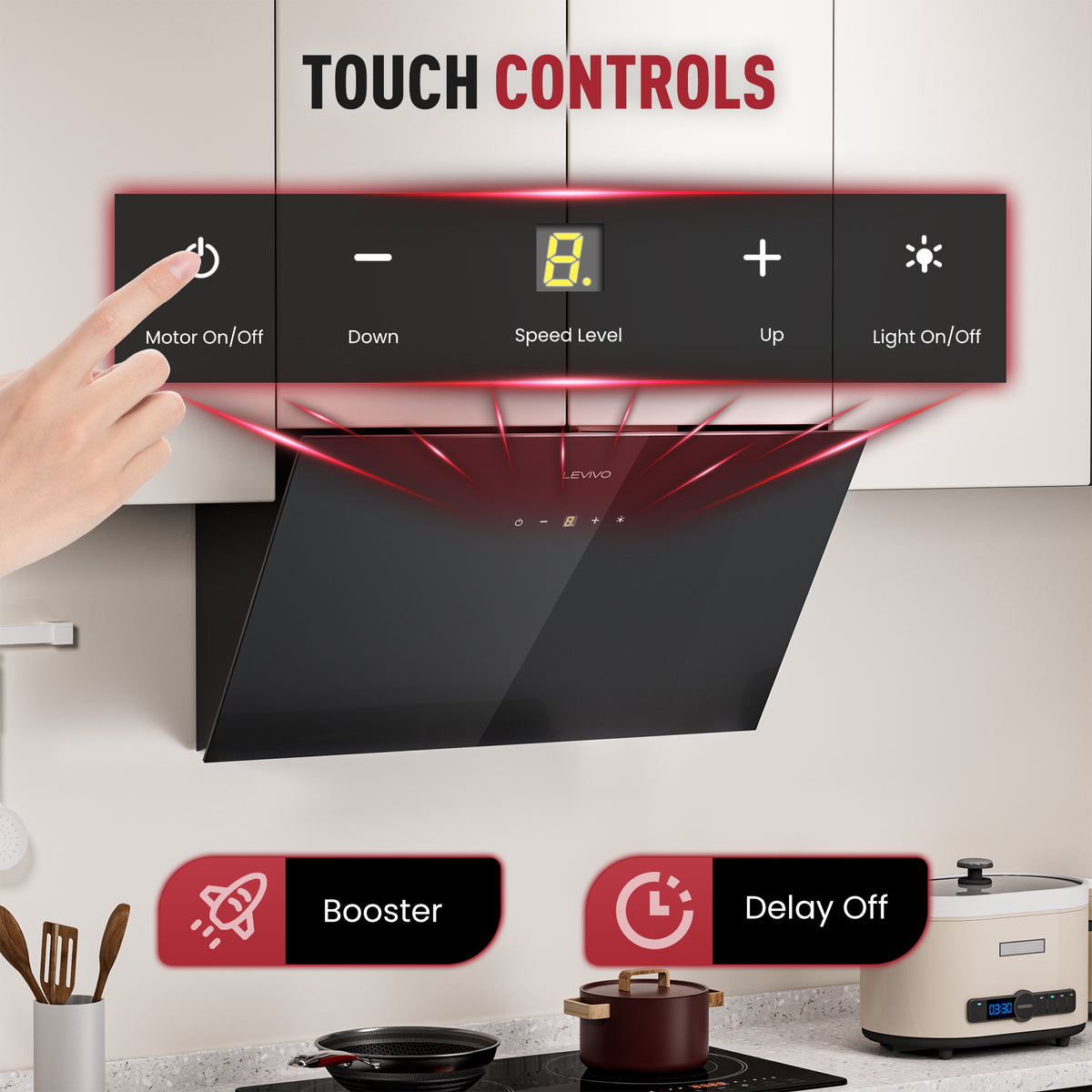 A+++ Angled cooker hood 60cm recirculation & extraction with 420 m³/h air extraction rate, extractor hood with 2 activated carbon filters, 1 grease filter, 3 speeds & booster, 2 LEDs, wall-mounted cooker hoods, black & white