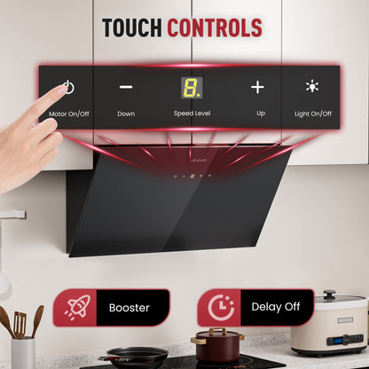 A+++ Angled cooker hood 60cm recirculation & extraction with 420 m³/h air extraction rate, extractor hood with 2 activated carbon filters, 1 grease filter, 3 speeds & booster, 2 LEDs, wall-mounted cooker hoods, black & white