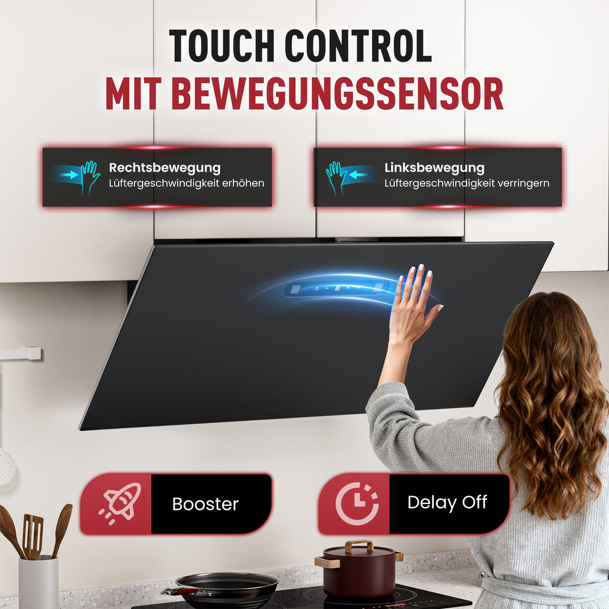 Hotte aspirante inclinée A+++ 60 cm, évacuation et recyclage, débit d'air 420 m³/h, 3 vitesses & booster, 2 LED, hotte avec 2 filtres à charbon actif, 1 filtre à graisse, hotte murale, noir & argent