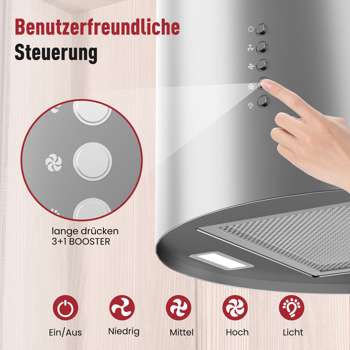 A+ Island hood, recirculating, ceiling-mounted with 530 m³/h extraction rate, island extractor hood with 2 activated carbon filters, 1 grease filter, 3 speeds & booster, 2 LEDs, extractor hood, silver & black