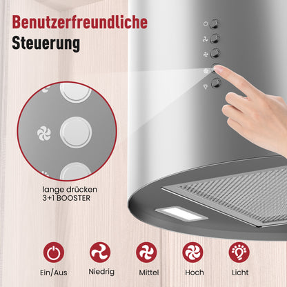 A+ Island hood, recirculating, ceiling-mounted with 530 m³/h extraction rate, island extractor hood with 2 activated carbon filters, 1 grease filter, 3 speeds & booster, 2 LEDs, extractor hood, silver & black