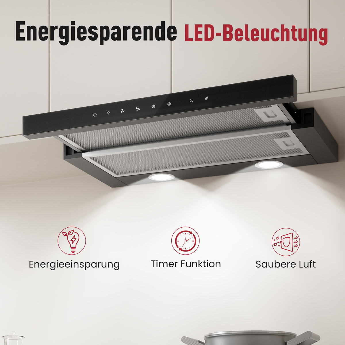 Hotte casquette A+++ 60 cm recyclage & évacuation avec 750 m³/h, hotte encastrable avec 2 filtres à charbon actif, 2 filtres à graisse, 3 vitesses & booster, 2 LED, hotte sous meuble 60 cm, noir