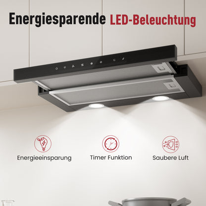 Hotte casquette A+++ 60 cm recyclage & évacuation avec 750 m³/h, hotte encastrable avec 2 filtres à charbon actif, 2 filtres à graisse, 3 vitesses & booster, 2 LED, hotte sous meuble 60 cm, noir