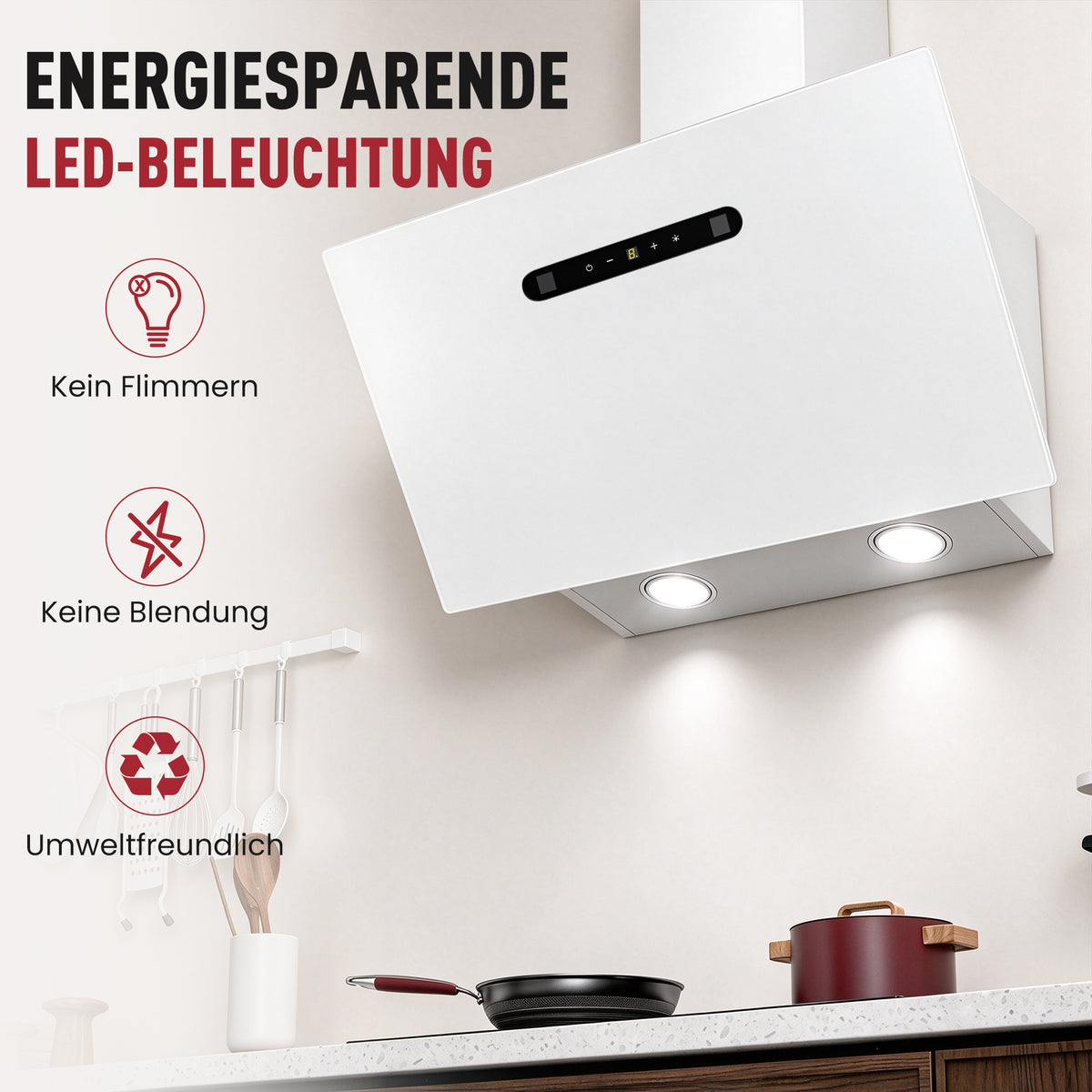 Hotte aspirante inclinée A+++ 60 cm, évacuation et recyclage, débit d'air 420 m³/h, 3 vitesses & booster, 2 LED, hotte avec 2 filtres à charbon actif, 1 filtre à graisse, hotte murale, noir & argent