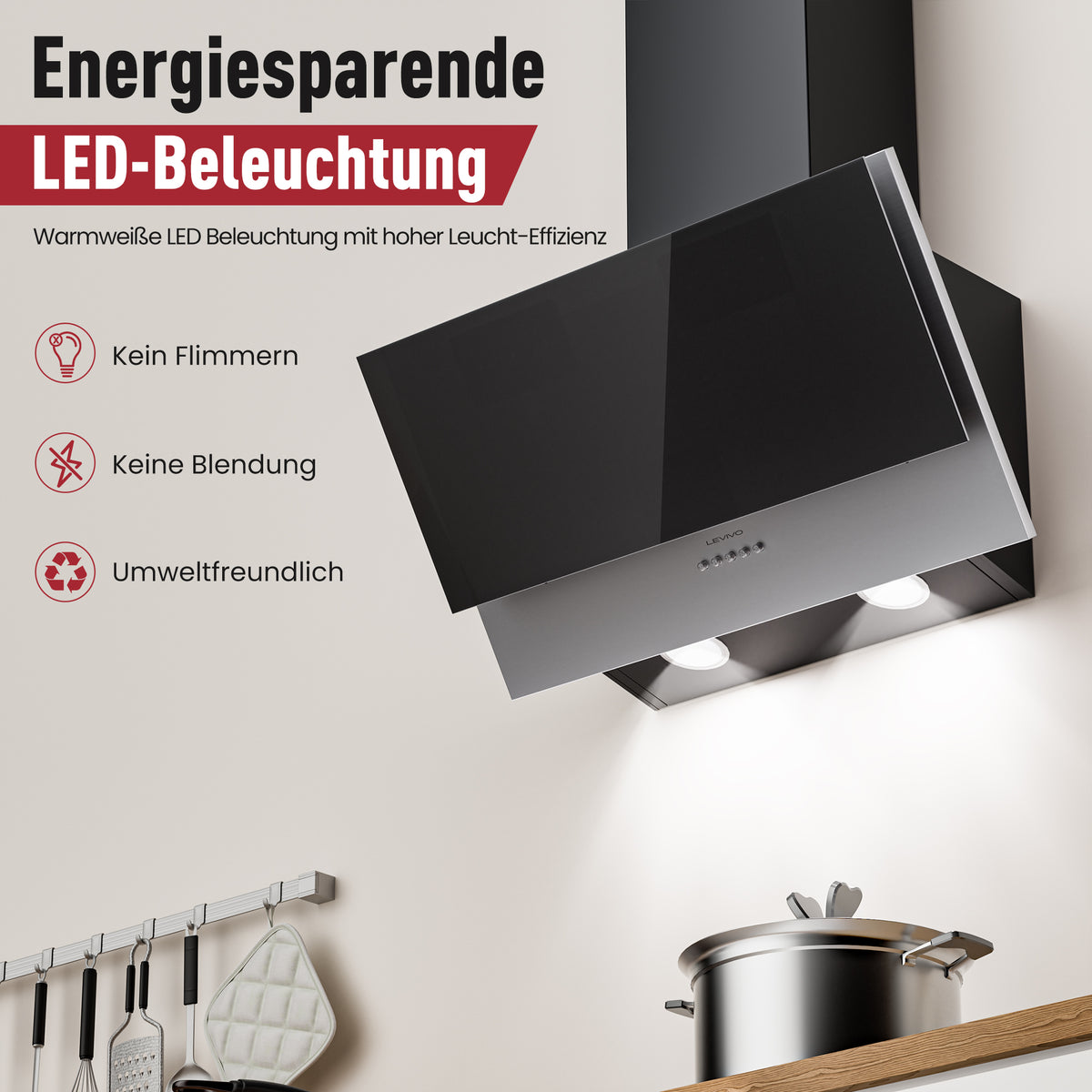 A+++ Angled cooker hood 60cm recirculation & extraction with 400 m³/h air extraction rate, extractor hood with 2 activated carbon filters, 1 grease filter, 3 speeds, 2 LEDs, wall-mounted cooker hoods, black & black-silver