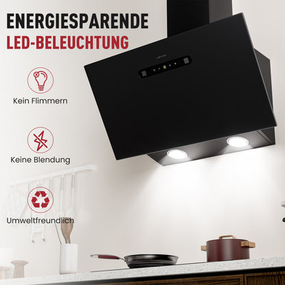 Hotte aspirante inclinée A+++ 60 cm, évacuation et recyclage, débit d'air 420 m³/h, 3 vitesses & booster, 2 LED, hotte avec 2 filtres à charbon actif, 1 filtre à graisse, hotte murale, noir & argent