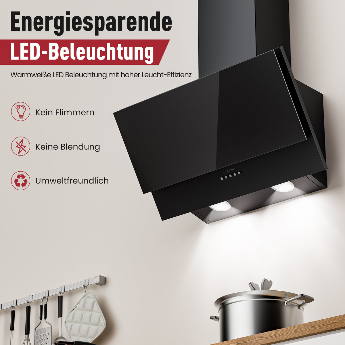A+++ Angled cooker hood 60cm recirculation & extraction with 400 m³/h air extraction rate, extractor hood with 2 activated carbon filters, 1 grease filter, 3 speeds, 2 LEDs, wall-mounted cooker hoods, black & black-silver