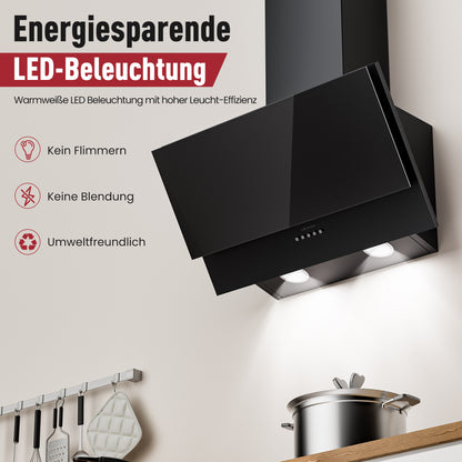 A+++ Angled cooker hood 60cm recirculation & extraction with 400 m³/h air extraction rate, extractor hood with 2 activated carbon filters, 1 grease filter, 3 speeds, 2 LEDs, wall-mounted cooker hoods, black & black-silver