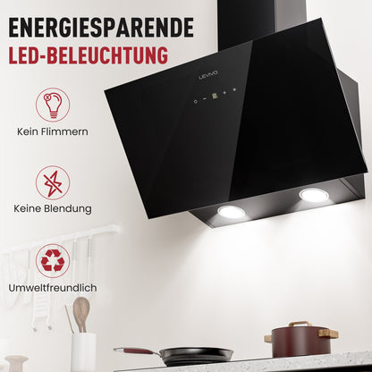 A+++ Angled cooker hood 60cm recirculation & extraction with 420 m³/h air extraction rate, extractor hood with 2 activated carbon filters, 1 grease filter, 3 speeds & booster, 2 LEDs, wall-mounted cooker hoods, black & white