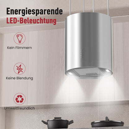 A+ Island hood, recirculating, ceiling-mounted with 530 m³/h extraction rate, island extractor hood with 2 activated carbon filters, 1 grease filter, 3 speeds & booster, 2 LEDs, extractor hood, silver & black