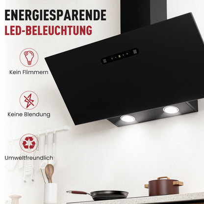 Hotte aspirante inclinée A+++ 60 cm, évacuation et recyclage, débit d'air 420 m³/h, 3 vitesses & booster, 2 LED, hotte avec 2 filtres à charbon actif, 1 filtre à graisse, hotte murale, noir & argent