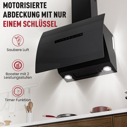 Hotte aspirante inclinée A+++ 60 cm, mode évacuation et recyclage, débit d'air 740 m³/h, avec 2 filtres à charbon actif, 1 filtre à graisse, 3 niveaux et booster, 2 LED & RGB, hotte murale, noir