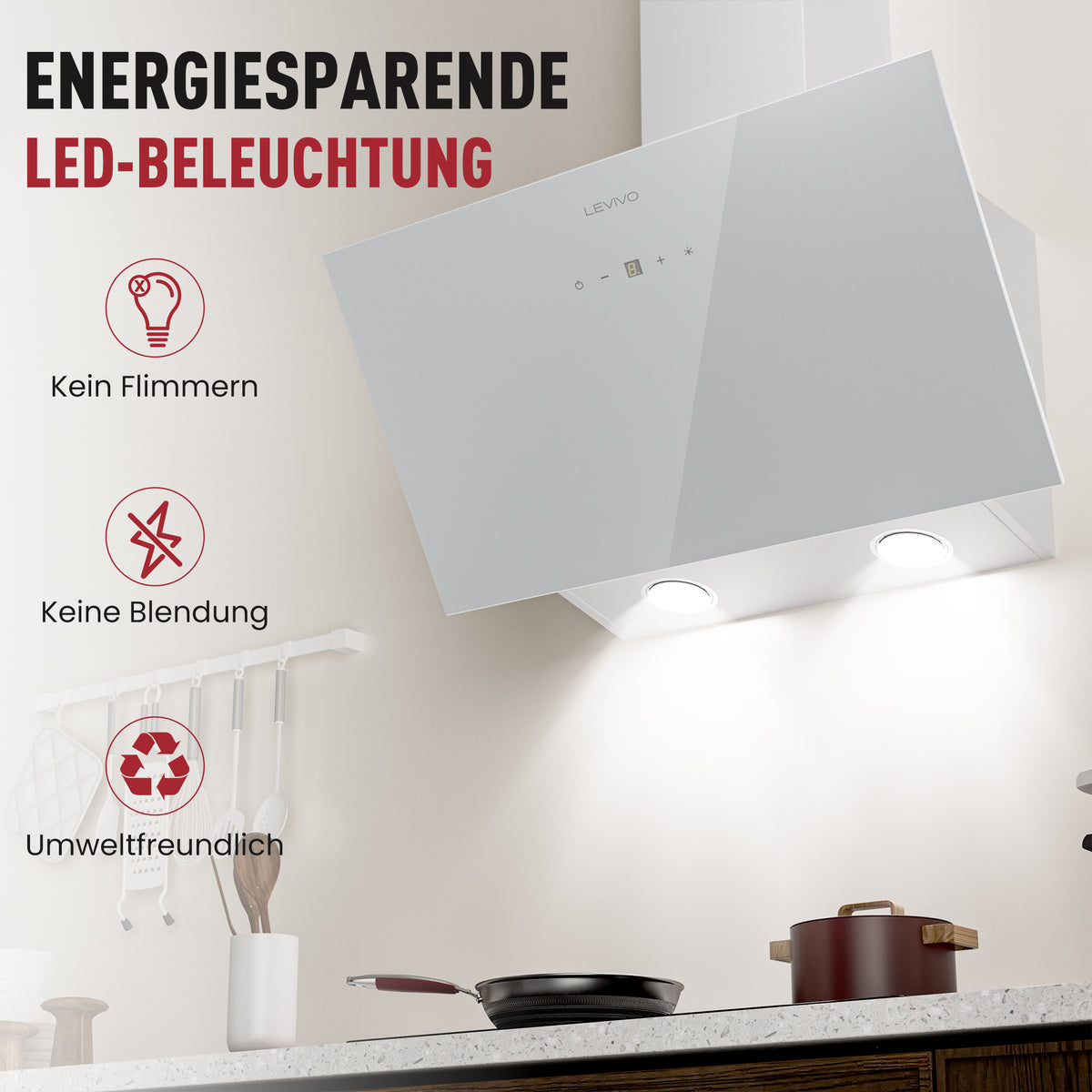 A+++ Angled cooker hood 60cm recirculation & extraction with 420 m³/h air extraction rate, extractor hood with 2 activated carbon filters, 1 grease filter, 3 speeds & booster, 2 LEDs, wall-mounted cooker hoods, black & white